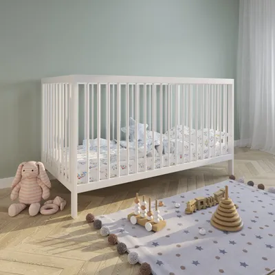Produktbild von Babybett Kinderbett Gitterbett höhenverstellbar & herausnehmbare Sprossen Buchenholz sehr stabil, weiss, 60x120 cm von Geburt bis 3. Lebensjahr