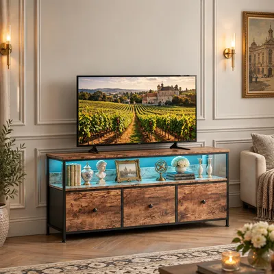 Zdjęcie produktu dla Komoda TV INONEFT z 3 szufladami z tkaniny i oświetleniem LED, 137x30x57 cm. Niska komoda TV z otwartymi półkami i metalową ramą, idealna do salonu, w kolorze drewna