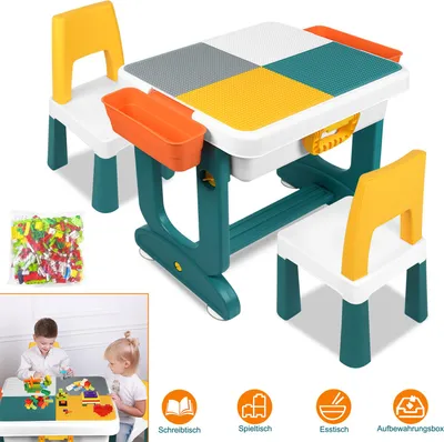Produktbild von XINZI Kindertisch mit Stühle Einzigartig gestaltete, U-förmige Beine sind Kompatibles Multi Aktivitätstisch für Kinder Bausteintisch Kinderspieltisch inkl.300 Stück Blöcken