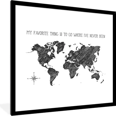 Produktbild von MuchoWow® MuchoWow® Gerahmtes Poster Weltkarte - Schwarz und weiß - Zitat 40x40 cm - Poster mit zchwarzem Bilderrahmen - Mit Rahmen - Wanddekoration Schlafzimmer
