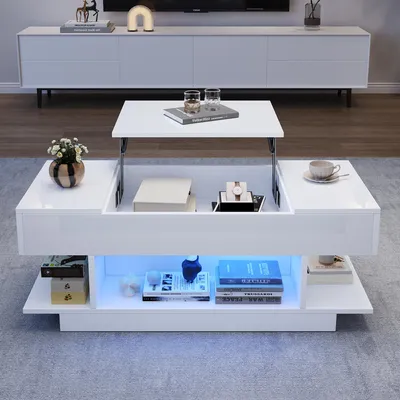 Produktbild von okwish Hochglanz-Couchtisch mit LED und Verstecktes Staufach,Sofatisch mit 2 Klappschränken,höhenverstellbarer Tischplatte,Weiß