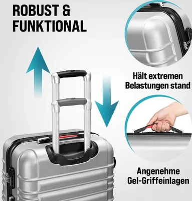 Produktbild von MONZANA® 4tlg Kofferset Schloss Wäsche Organizer Kofferwaage Gurt Gel-Griffe Zwillingsrollen Standfüße Trolley Reisekoffer Hartschalen Koffer S-M-L-XL, Farbe:silber