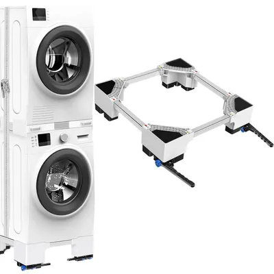 Zdjęcie produktu dla Podstawa pod pralkę na kółkach, wysokość 12 cm, regulowana wysokość 60-70 cm, udźwig 400 kg, stal, kolor biały