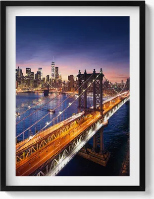 Produktbild von New York - Sonnenuntergang über Manhattan– Wandbild mit Rahmen – Gerahmtes Bild  – Wanddekoration – 60x80 cm –  Schwarz Rahmen