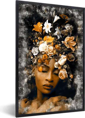 Produktbild von MuchoWow® MuchoWow® Gerahmtes Poster Frauen - Gold - Blumen 20x30 cm - Poster mit zchwarzem Bilderrahmen - Drucken - Bilder Poster im Rahmen