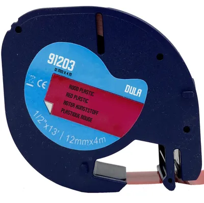 Produktbild von DULA-Etikettenband - Kompatibel mit Dymo LetraTag 91203 / S0721630 - 1 Stück - Schwarz auf rotem Kunststoff - 12mm x 4m