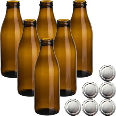 Produktbild von gouveo 6er Set Saftflasche 1000 ml Antik mit Schraub-Deckel silberfarben - Braune Glasflasche 1 Liter mit TO48 Verschluss - Leere Flasche zum Befüllen