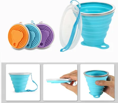Produktbild von Faltbarer Becher, faltbarer Silikonbecher mit Kunststoffdeckel, wiederverwendbares tragbares Becherset für Picknick, Camping, Wandern im Freien, Reisen (4 Farben)