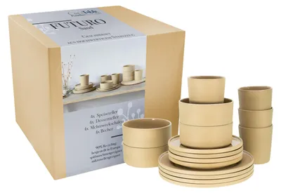 A product box for a dinnerware set, with some of the dinnerware items displayed next to it.