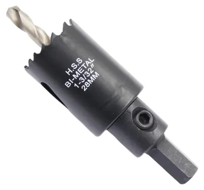 Obrázok produktu pre Bimetal Holesaw 28 mm, HSS Kružnicová píla, Hĺbka rezu až 38 mm, Pre Drevo, Plast, Sadrokartón