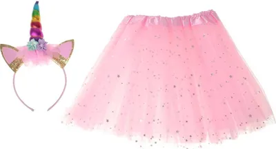 A unicorn horn headband and a pink glittery tutu are displayed against a white background.