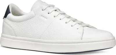 A white leather sneaker with a navy accent on the heel.