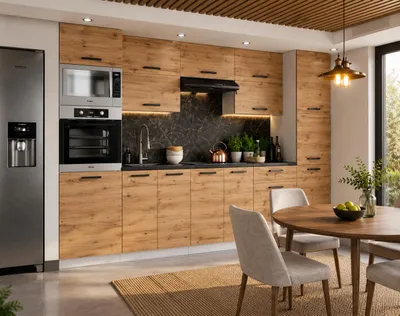 Produktbild von ULWEHOME | Küchenzeile 300 cm Eiche Wotan, Küchenmöbel-Set mit Backofen-Mikrowellenschrank, Vorratsschrank & geteilten Arbeitsplatten 120 cm, KI-generiertes Bild
