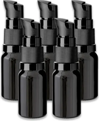 Produktbild von 5x Schwarze Glasflasche 10 ml mit Pumpe Dispenserpumpe leer 18/415