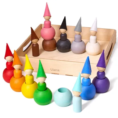 Produktbild von Montessori-Holzspielzeug Kleine Steckpuppen mit Hüten und Bällen