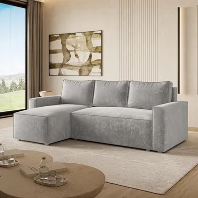 Produktbild von Masseno Ecksofa POTARO LM mit Schlaffunktion L-Form, Sofa mit Bettkasten, Wohnzimmersofa, Couch, Soffa, Bettsofa, Couchgarnitur- Hellgrau, LUMO 65