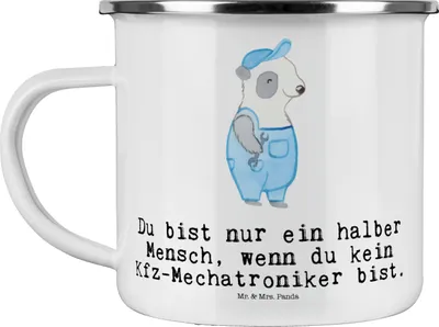 Produktbild von Mr. & Mrs. Panda Emaille Tasse Kfz-Mechatroniker Herz - Weiß - Geschenk, Kaffeepott, Ausbildung, Becher, Lustig, Witzig, Spruch, Meister, Pott, Teetasse