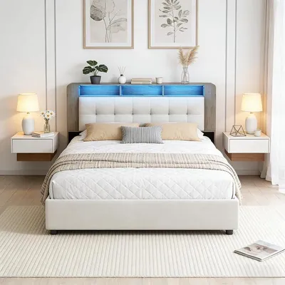Produktbild von Polsterbett Doppelbett 140x200cm, Hydraulisches Stauraumbett mit Led und Usb Jugendbett mit Stauraum Kopfteil Boxspringbett Funktionsbett Bettgestell mit Lattenrost und Bettkasten (Beige Samt)