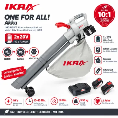 Produktbild von IKRA 3in1 Akku Laubsauger & Laubbläser IALS 2-20 | 20V | bis 210 km/h | Häckselfunktion 10:1 | 45 L Fangsack | inkl. 2 Akkus & Doppelschnelllader, KI-generiertes Bild