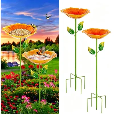 Obrázek produktu pro Sada dvou kovových krmítek pro ptáky, tvar květiny, průměr 27 cm. Odolné vůči mrazu a povětrnostním vlivům, určené k umístění na zem