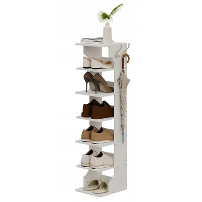 Produktbild von Schmaler weißer Schuhschrank mit 6 Ebenen und 2 Haken, 112 cm