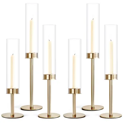 Produktbild von Sturmlaterne Kerzenhalter 6er-Set, Glas und Metall, gold und transparent, für Esstisch