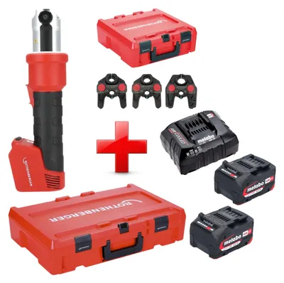 Produktbild von Rothenberger ROMAX NANO Akku Pressmaschine 18 V 34 kN CAS + 2x Akku 4,0 Ah + Ladegerät + 3 tlg. TH Pressbacken Set + Rocase