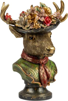 A decorative bust of a deer wearing a hat adorned with flowers and a scarf.