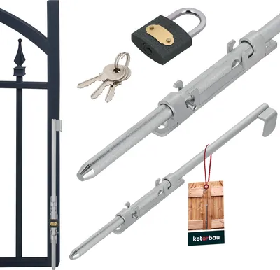 A collection of gate hardware including a gate latch, a padlock, and keys, displayed against a white background.