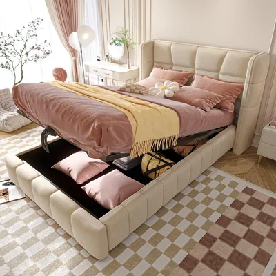 Image de Lit rembourré 90 x 200 cm avec système de rangement pneumatique, tête de lit, revêtement en lin, beige