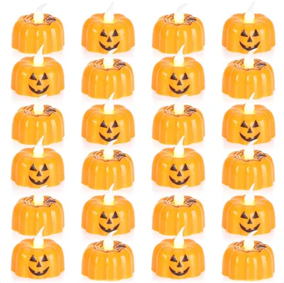Produktbild von com-four® 24x Halloween LED Teelichter - Kürbislichter mit Flackereffekt - batteriebetriebene, flammenlose LED Kerzen - sichere Halloween Beleuchtung für Party, Kinderzimmer