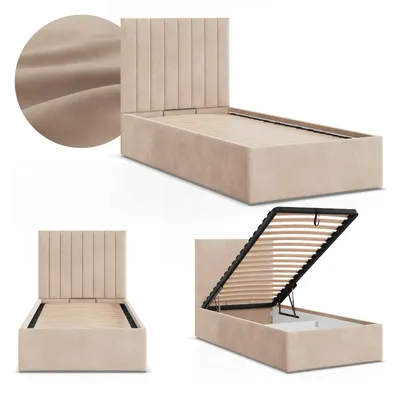 Produktbild von Polsterbett POLLA 90x200 Samt mit Bettkasten und hochklappbarem Metall-Lattenrost, Einzelbett mit Kopfteil Beige