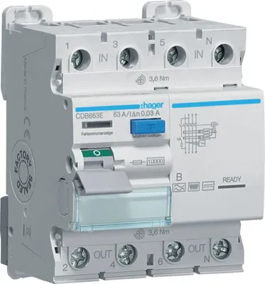 Produktbild von Hager Fi-Schalter 4polig 10kA CDB663E 63A 30mA Typ B 230/400V