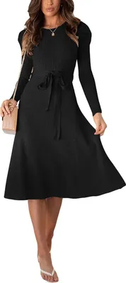 Produktbild von ASKSA Women's Knitted Dress Pullover Puff Sleeves Round Neck Slim Swing Midi Dress with Belt, Schwarz, L