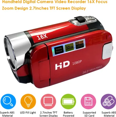 A red handheld digital camera video recorder with various feature icons and text overlays.