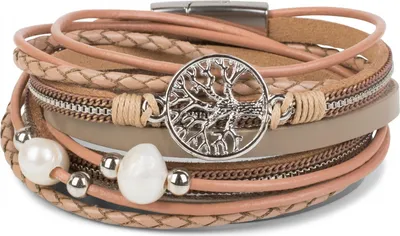 Produktbild von styleBREAKER Wickelarmband mit Perlen, Ketten, Flecht Element und Lebensbaum Anhänger, Magnetverschluss, Armband, Damen 05040070