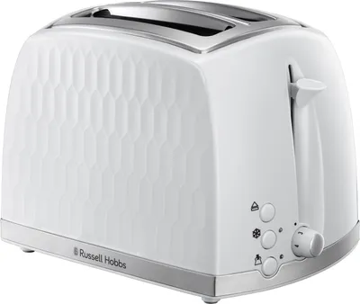 A white Russell Hobbs toaster with a honeycomb pattern.