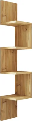 A wooden corner shelf unit against a white background.