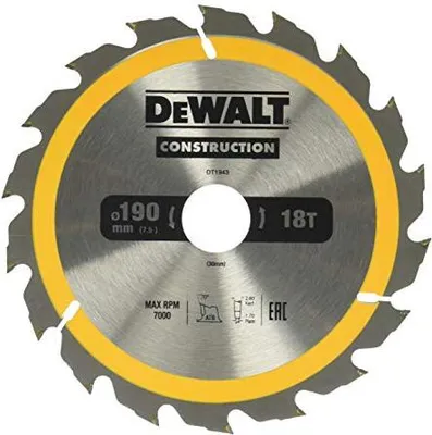 A close-up view of a circular saw blade with brand and specification details.
