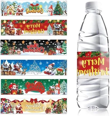 Productafbeelding van Persoonlijke etiketten voor cadeauflessen - Kerstdecoratie voor waterflessen - Op maat gemaakte feestetiketten - Unieke etiketten voor wijnflessen, geschikt voor Kerst en Nieuwjaar - Persoonlijke kerstdecoratie voor de feestdagen.