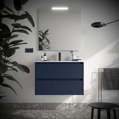 Produktbild von Badezimmermöbel BALTIC 900 2 Schubladen BLUE SATIN + Waschtisch + Spiegel