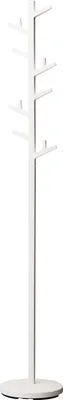A white coat rack with a round base and multiple branches for hanging items.