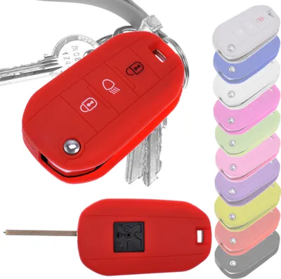 Produktbild von Auto Schlüssel Hülle Silikon Schutz Cover Rot kompatibel mit Peugeot 208 301 308 508 5008 2008 Expert Citroen C3 C4 Spacetourer Traveller 3 Tasten Klappschlüssel