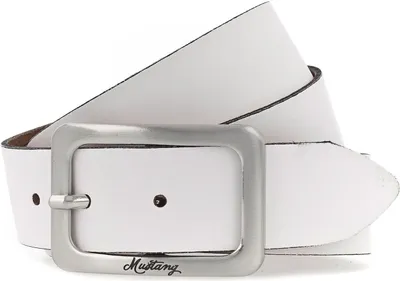 A white leather belt with a silver buckle is shown against a white background.
