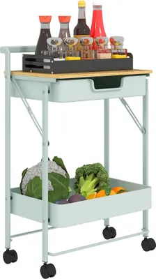 Produktbild von Aufbewahrungswagen - Rollwagen - 2 Ebenen - Schublade - Netzkorb - Mit Rollen - Ablagefläche - Für Küche Bad Schlafzimmer - Grün