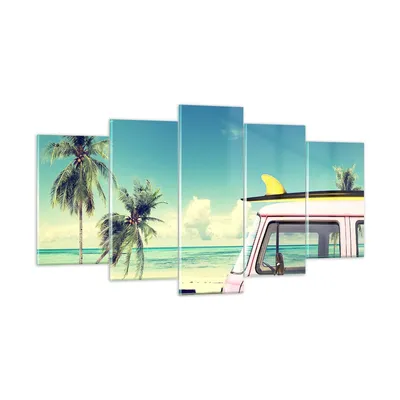 Produktbild von Bilder auf glas - Auto Surfbrett Strand Ozean - 160x85cm - Glasbilder - Wandbilder - Kunstdruck - zum Aufhängen bereit - Wanddekoration aus Glas - Glas Bilder - Wandbild auf Glas - GEA160x85-2835