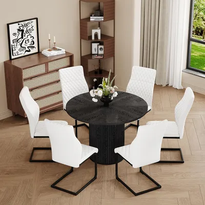 Produktbild von Esstisch-Set Rund Ø 100 cm weiße mit 6 Polsterstühlen moderne Sitzgruppe Essgruppe MDF-Tischplatte Küchentisch mit Rautensteppung hochwertig & platzsparend