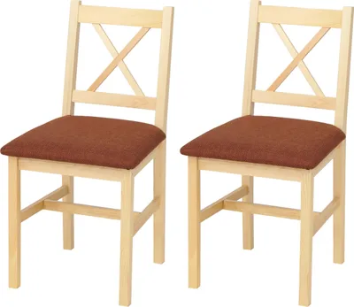 Two wooden chairs with brown upholstered seats are shown against a white background.