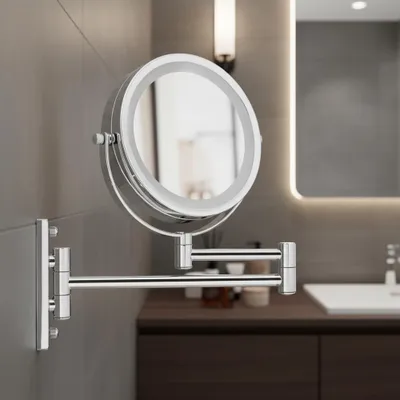 A bathroom vanity area with a wall-mounted magnifying mirror.