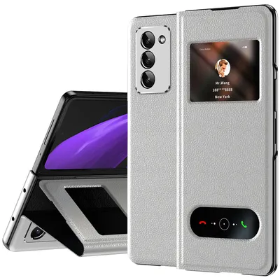 Immagine prodotto di Custodia sottile in pelle flip per Samsung Galaxy Z Fold 2 5G, con finestra di visualizzazione e funzione stand Lychee White